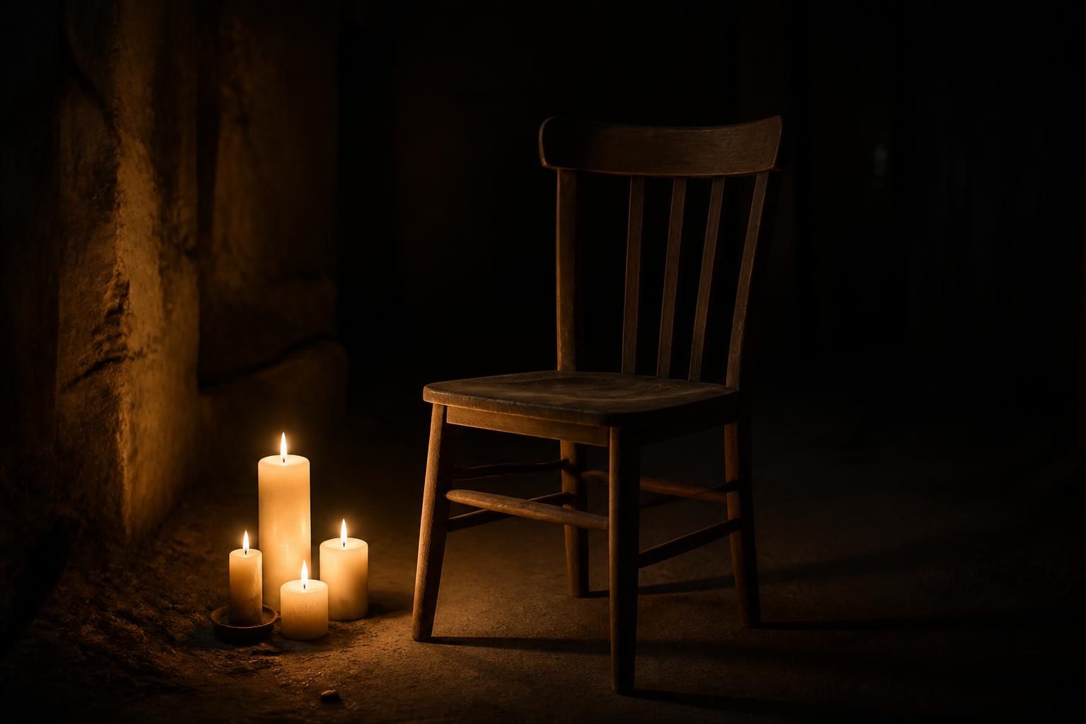 An empty wooden chair in a dark room, lit by a few candles on the floor